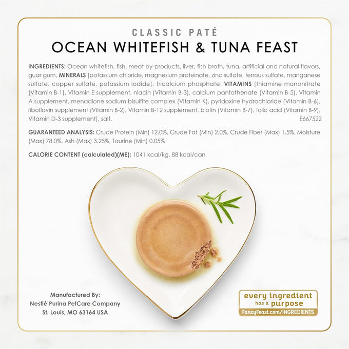 Purina fancy feast seafood classic pate collection grain free wet cat food variety pack, 30 count, 3 oz cans, cod, sole, shrimp, salmon, tuna, no artificial colors or preservatives