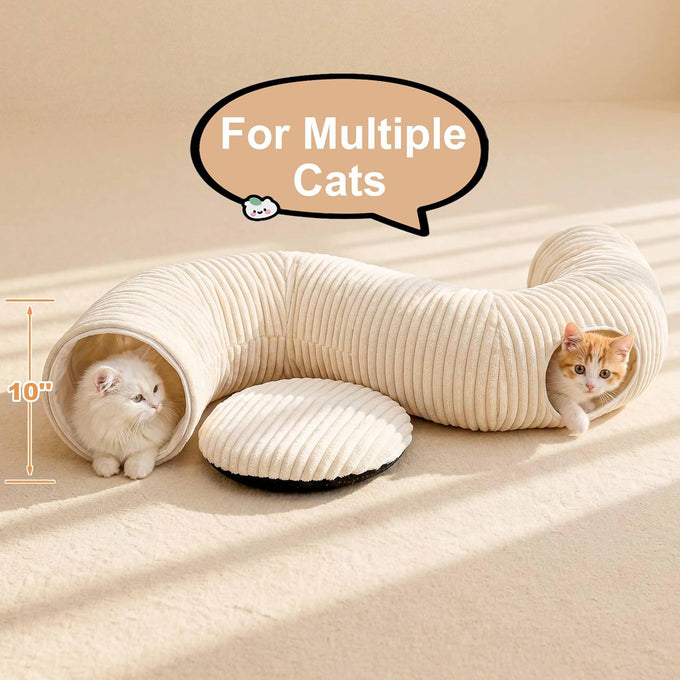 Cat tunnel bed with 40 interactive toys, collapsible play tunnel for indoor kittens, white