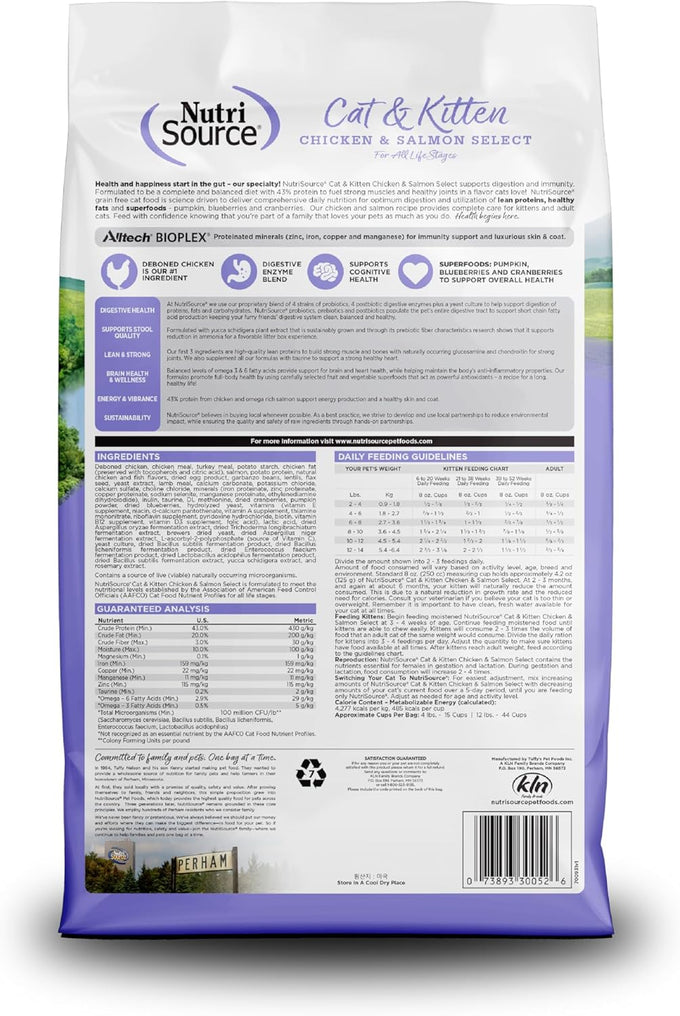 NutriSource Grain Free Chicken & Salmon Cat & Kitten Food, 4LB, 43% Protein, Omega-3 & Omega-6, Prebiotics & Probiotics