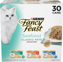 Purina fancy feast seafood classic pate collection grain free wet cat food variety pack, 30 count, 3 oz cans, cod, sole, shrimp, salmon, tuna, no artificial colors or preservatives