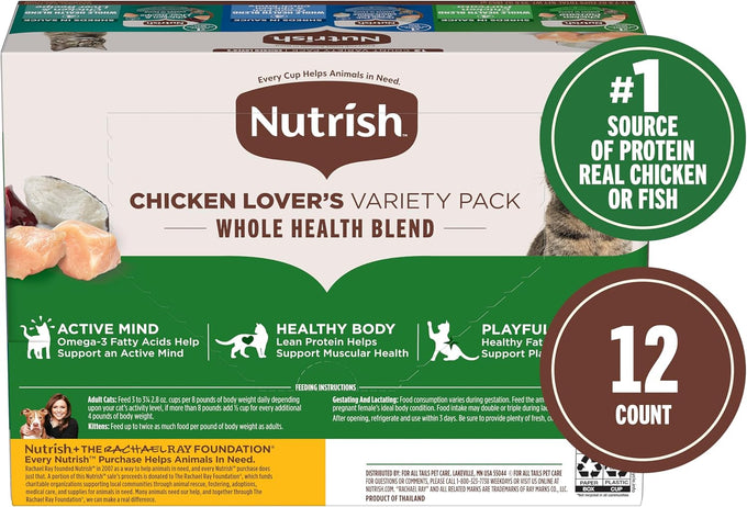 Nutrish Grain Free Chicken Lover's Whole Health Blend Variety Pack Wet Cat Food, 2.8 oz. Cup, 12 Count (Rachael Ray)