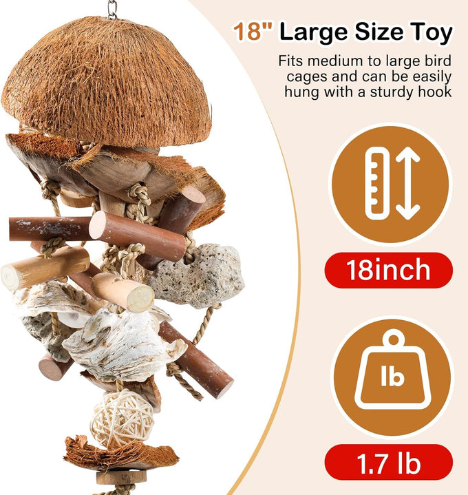 natural bird toys for parrots - handmade coconut shell shredding toy for sun conures conures caiques cockatiels