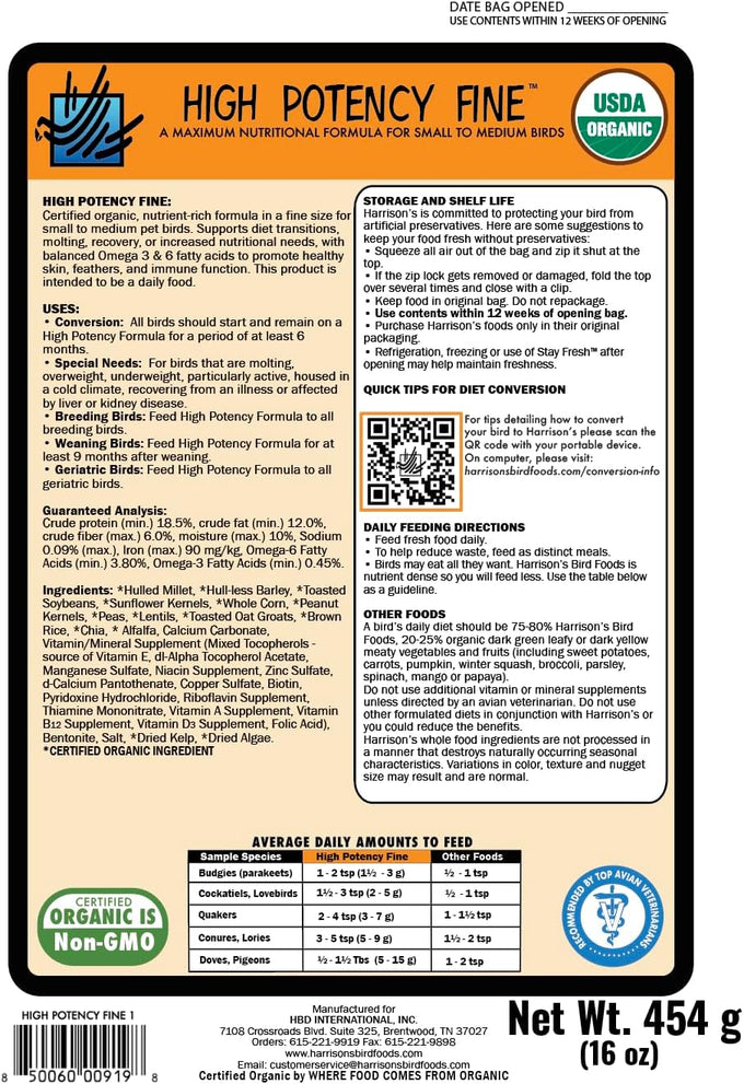 Harrison's Certified Organic High Potency Fine Bird Pellets for Small to Medium Birds 1lb