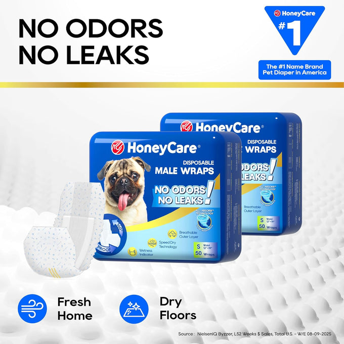 Honey Care All-Absorb A26 Male Dog Wrap, 50 Count, Small: Breathable, Leak-Proof, and Fur-Safe