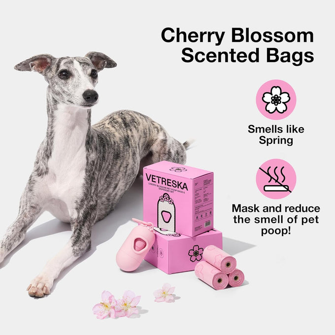 Vetreska pink cherry blossom scented dog poop bag dispenser with 105 leak proof pet waste bags for cats