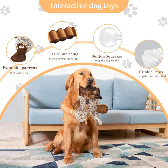 Platypus Stuffed Large Dog Toy - Interactive Plush Chew Toy with Crinkle Paper and Squeaker for Small Medium Large Dogs