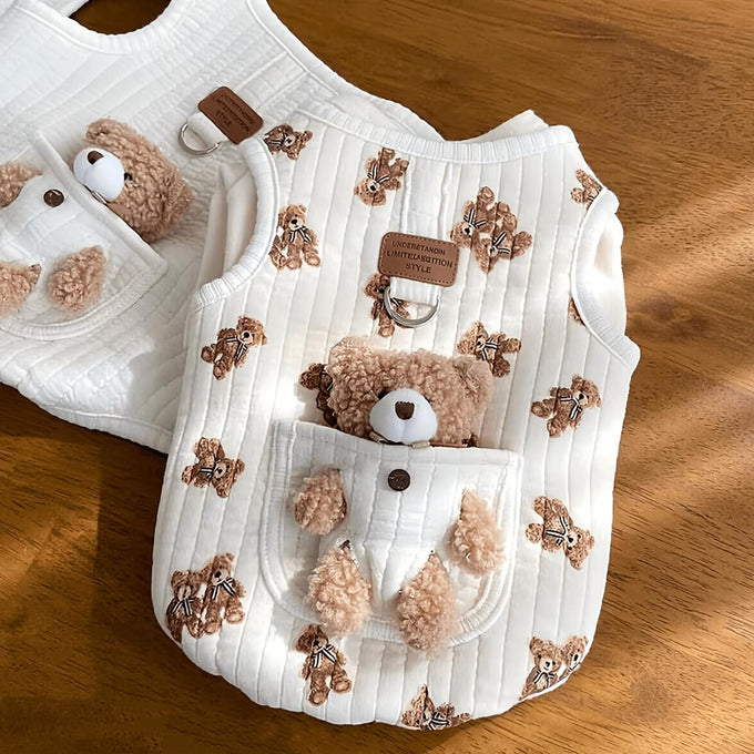 Cute pet apparel plush bear pattern cartoon dog clothes white 11-20lbs sleeveless pullover
