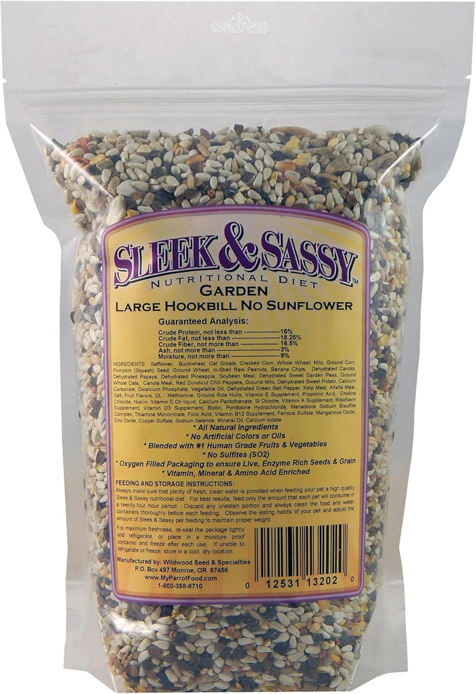 SLEEK & SASSY large parrot food for conures, amazons, african greys, cockatoos, pionus, and small macaws, all natural, human grade, 2 lbs.