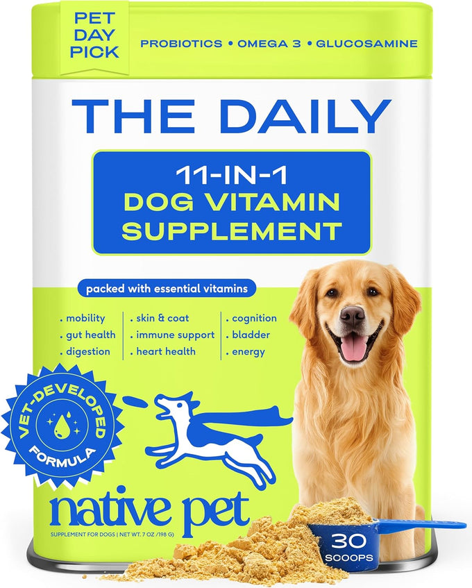 native pet the daily dog vitamins & supplements 11-in-1 multivitamin powder for dogs supports whole body health digestion mobility & immunity