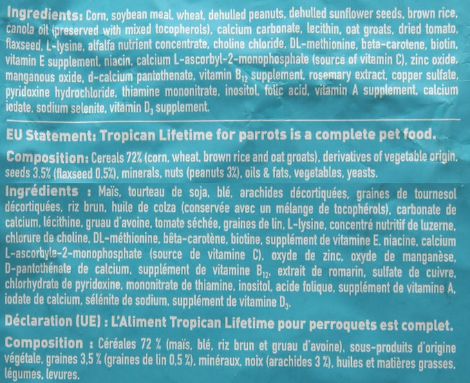 hagen tropican lifetime formula parrot food 4 lbs with peanuts and sunflower seeds