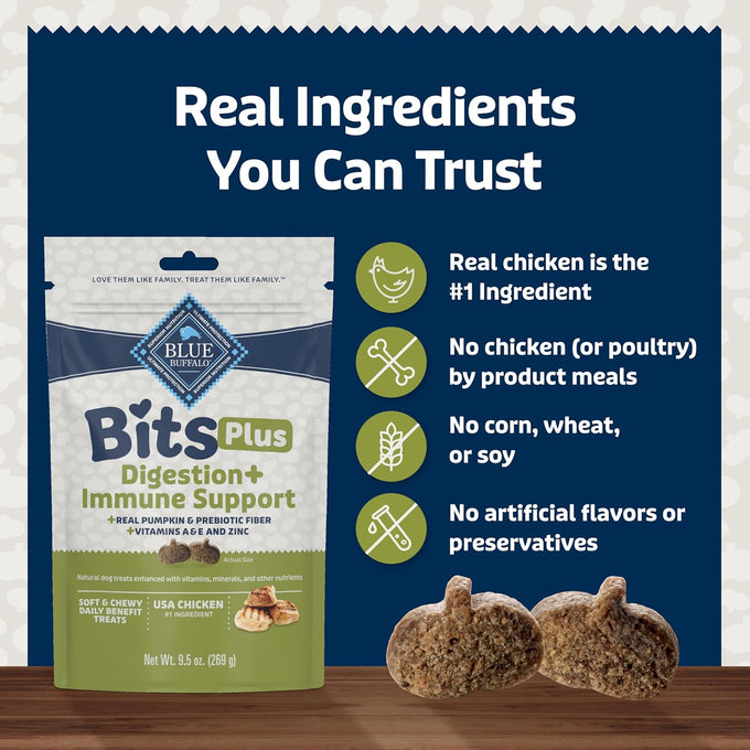 Blue Buffalo Blue Bits Plus Daily Benefit Dog Treats, Soft & Chewy Chicken and Pumpkin Morsels, 9.5-oz Bag, Formulated for Digestion & Immune Support