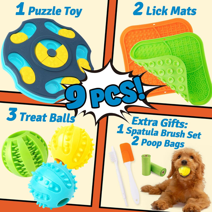 Forfon 9-pack dog puzzle toy set with lick mats, treat balls, and silicone spatula for small to medium smart dogs.