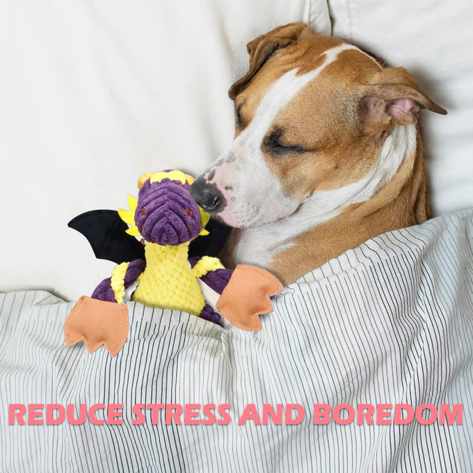 goola purple dragon dog toy, plush squeaky toy for large breeds, durable cotton, machine washable, 5 squeakers, chew toys