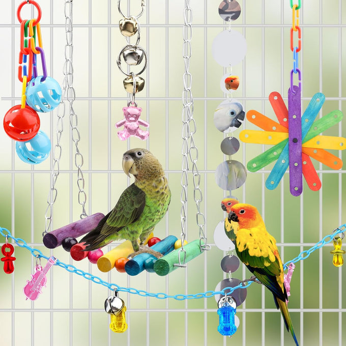 9-piece parakeet cockatiel bird toys set with colorful wooden perches and bell swing ropes for parrots cage accessories