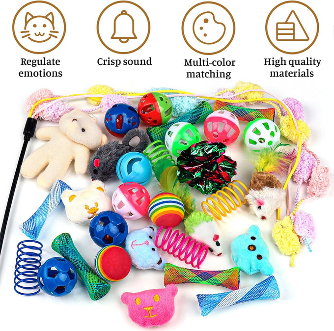 Quozuo 30 pc cat toy set, interactive kitten toy wand, cat balls with bells, non-toxic safe gift box