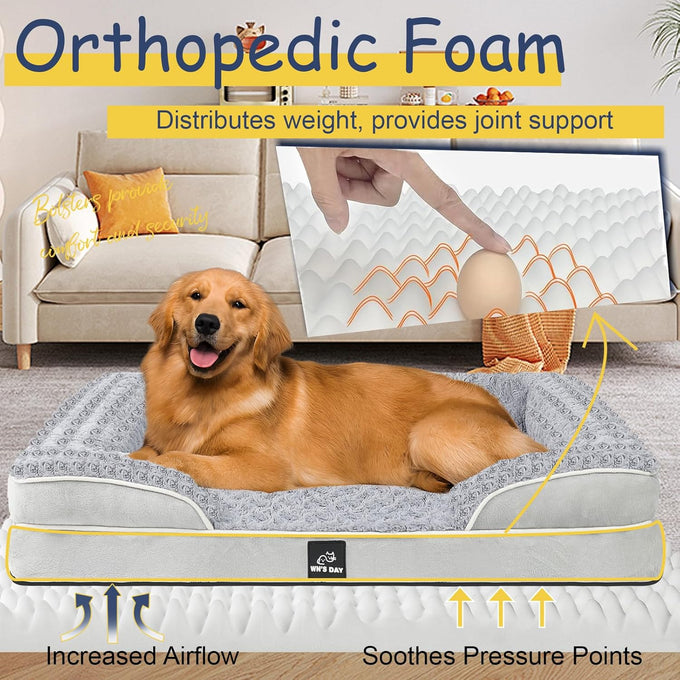 Large Orthopedic Dog Bed with Washable Memory Foam, Removable Cover, Waterproof and Anti-Slip, Grey