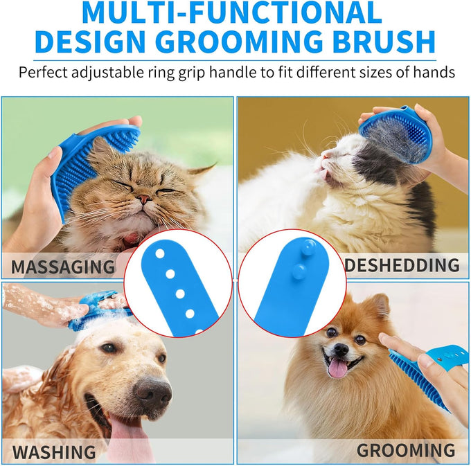 comotech 6pcs dog bath brush and toothbrush set | adjustable handle for short and long haired dogs and cats | blue