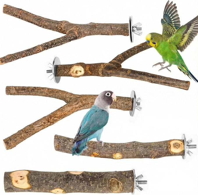 8 PCS natural apple wood bird perch set for small birds - parakeets, budgies, cockatiels - safe chew toys & climbing stand