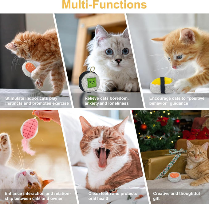 5pcs cute sushi plush catnip toys with bell and feathers for indoor cat boredom relief