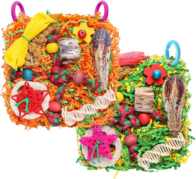 Bird toys for small & medium parrots - natural foraging & shredding cage hanging toys with seagrass mat, starfruit, loofah slices, 1 pc