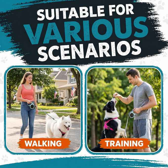 Retractable dog leash for 2 dogs with 360° swivel hook, one-button lock and ergonomic handle