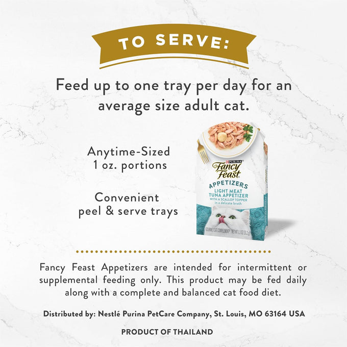 Purina Fancy Feast Appetizers Lickable Grain Free Wet Cat Food Topper Light Meat Tuna Appetizer with Scallop - (Pack of 10) 1.1 oz. Trays