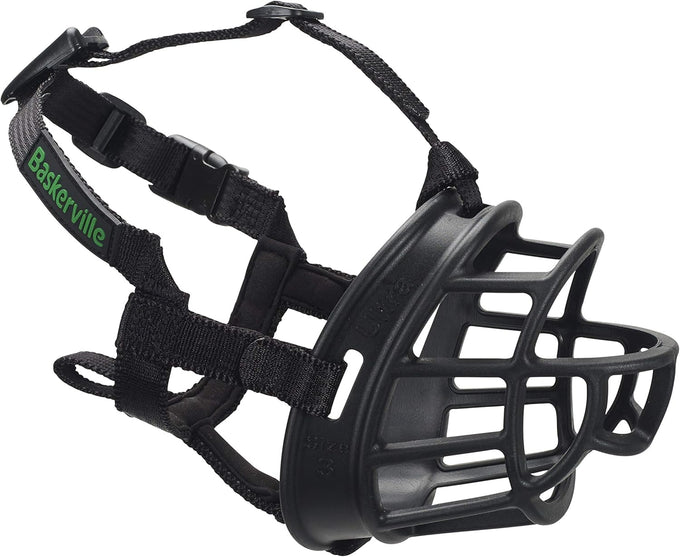Baskerville Ultra Muzzle, Patented Humane Design, Breathable, Adjustable, Padded, Dog Training Muzzle for Large Dogs, Black, Size 5