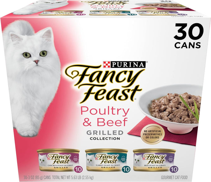 Purina fancy feast grilled wet cat food variety pack poultry beef collection 3 oz cans (pack of 30)