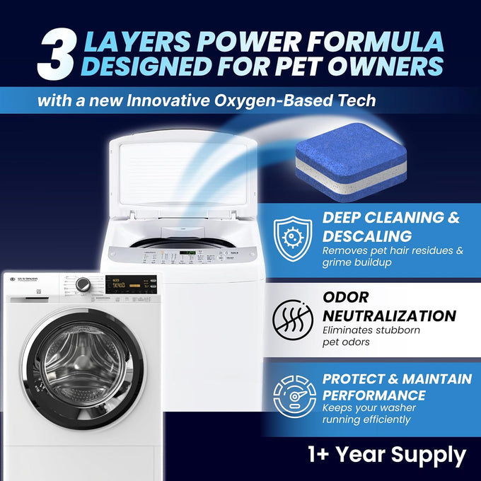 Washing machine cleaner tablets - pet hair removal, odor elimination, septic tank safe, HE compatible