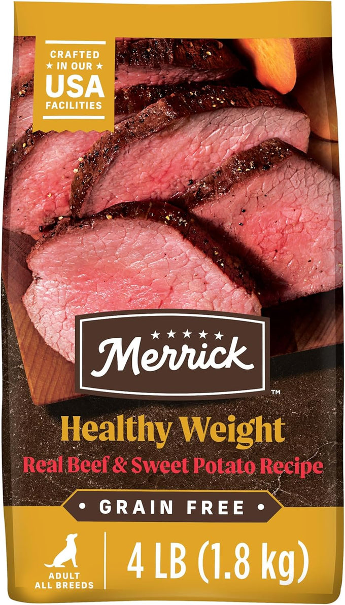 Merrick premium grain free dry dog food for weight management with real beef, wholesome and natural kibble for adult dogs, 4.0 lb bag