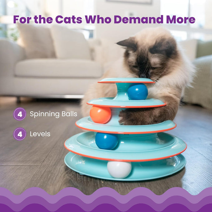 Catstages Chase Meowtain 4-Tier Interactive Cat Track Toy with 4 Spinning Balls, Non-Slip Base, Blue