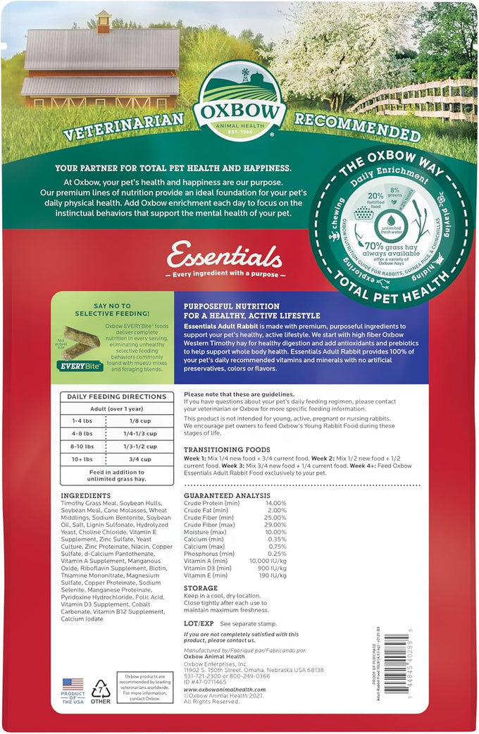 oxbow essentials rabbit food, adult, timothy hay, pet pellets, vitamins, minerals, high fiber, 10 lb bag, usa made