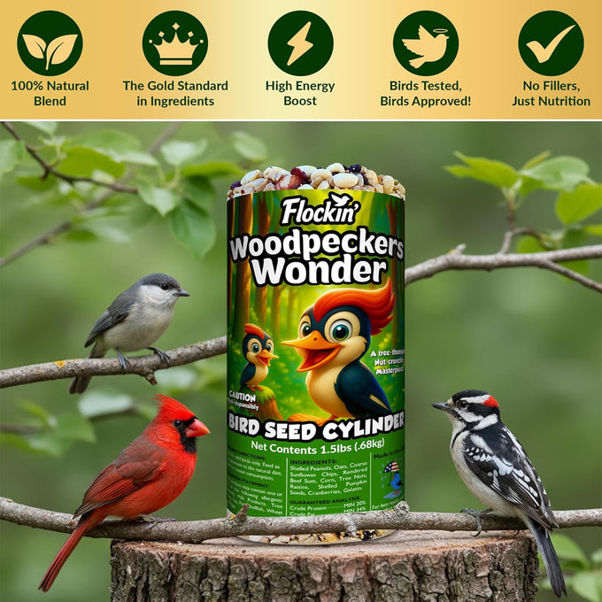 Woodpecker bird seed cylinders with hole – premium woodpecker food blend, USA made, 4" x 7.75"