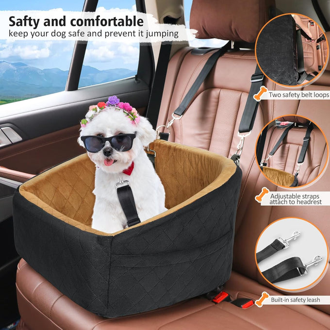 Neezukar dog car seat for small medium dogs, detachable and washable, up to 30lbs, black/brown