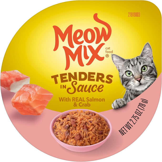 Meow Mix Tenders in Sauce Wet Cat Food, 2.75 oz cups, Salmon & Crab flavor, 12 count