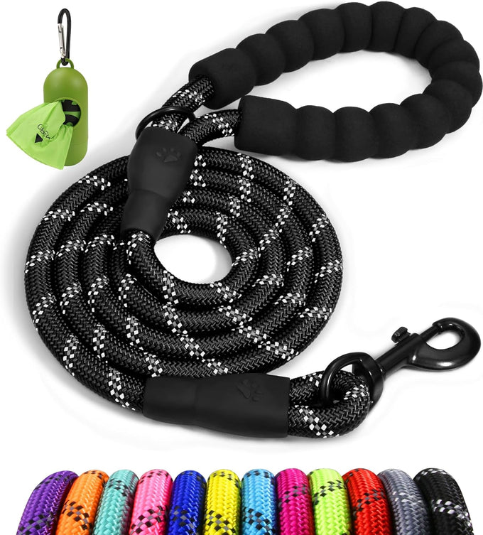 Taglory 6 ft rope dog leash with padded handle and reflective threads for medium large dogs, 1/2 inch, black