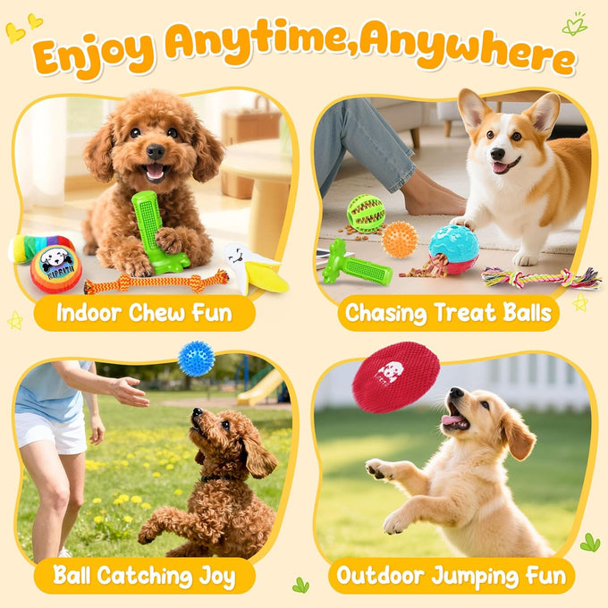kipritii assorted dog toys, 25 pack, teething, entertainment, interactive play, puppy toys, rope toys, squeaky dog toys, treat balls