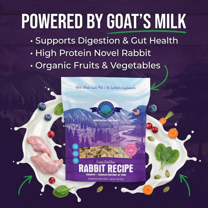 Shepherd Boy Farms Freeze Dried Raw Dog Food Rabbit Recipe All Natural High Protein Complete Meal 14oz Made in USA