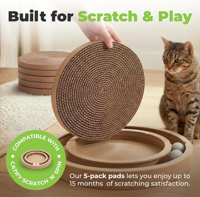 Catify Pet Supplies Cat Scratcher Replacement Pads, 5 Pack, Round, 10 x 10, Heavy Duty, Durable Cardboard
