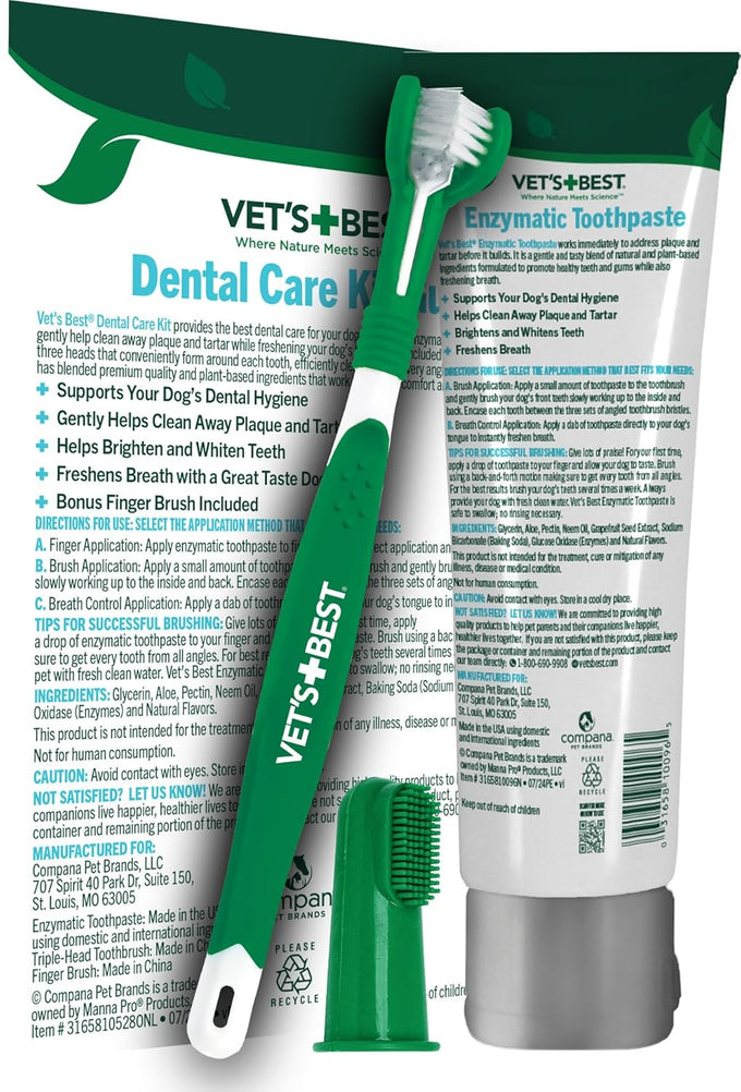 Vet's Best dog toothpaste and toothbrush kit with triple head toothbrush, natural flavors, and aloe for healthy gums and fresh breath