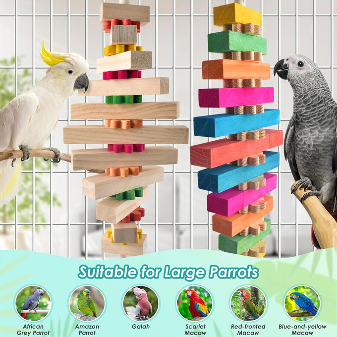 dbness 16.54in large bird toys for parrot, 2pc colorful natural wood block chew toy with bell