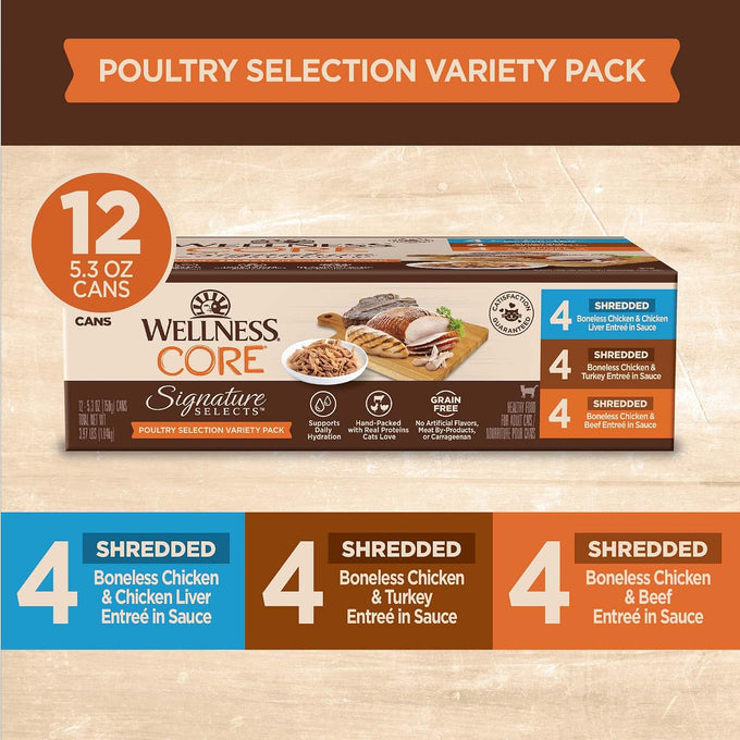 Wellness CORE Signature Selects Variety Pack Adult Canned Wet Cat Food, Natural, Protein Rich, Grain Free, Poultry Recipes, 5.3 oz, Pack of 12 Cans