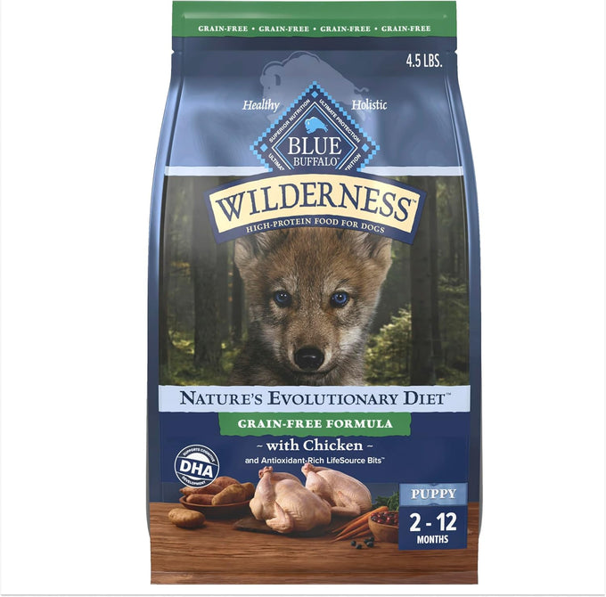 Blue Buffalo Wilderness Puppy High-Protein Grain-Free Dry Dog Food with Real Chicken, 4.5-lb Bag Made in USA