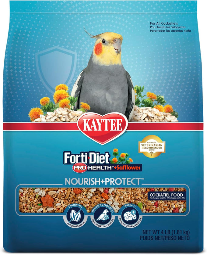 Kaytee Forti-Diet Pro Health+Safflower Nourish+Protect cockatiel food for breeding, molting, digestive, and brain health, 4 pounds