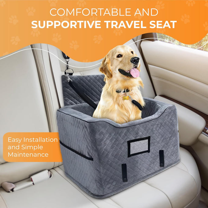 CozyCruiser dog car seat for small and medium dogs with soft plush fabric, adjustable safety leash, and double seat belt protection fits most cars and SUVs