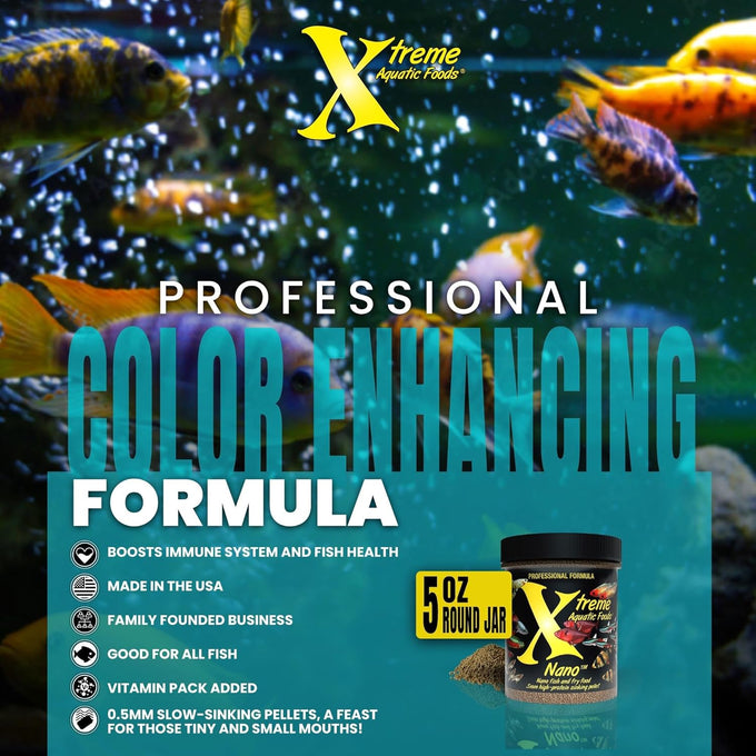 Xtreme Nano 0.5mm sinking pellets for community fish like tetras, barbs, and guppies, high-protein krill-based formula with vitamins and minerals, made in the usa