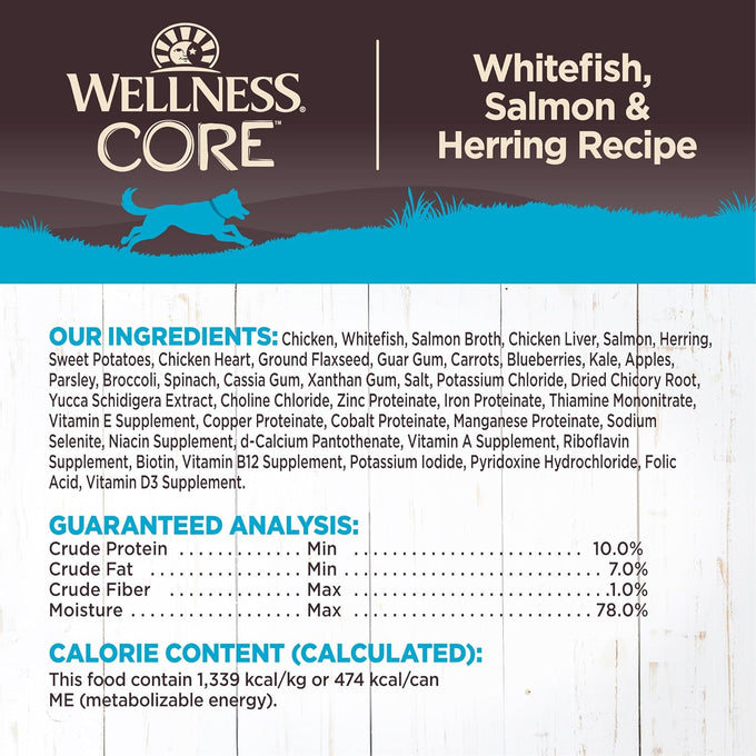 Wellness CORE Natural Wet Grain-Free Canned Dog Food, 12.5-Ounce Can, Pack of 12, Whitefish, Salmon & Herring