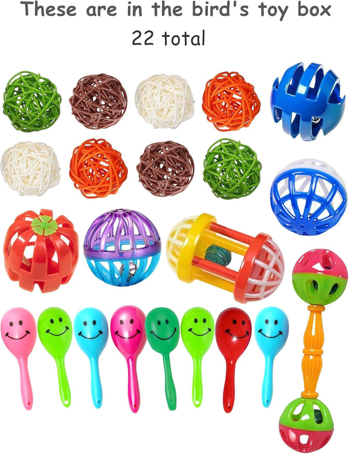 22-piece parakeet bird toy set with colorful bell and rattan balls, safe, non-toxic materials for small birds