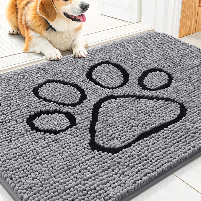 Smiry 30x20 inches chenille door mat for muddy paws with non-slip textured rubber base, grey and black