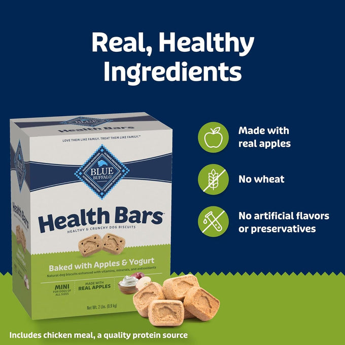 Blue Buffalo Mini Health Bars crunchy dog biscuits, oven-baked with natural ingredients, apples & yogurt, 2-lb box
